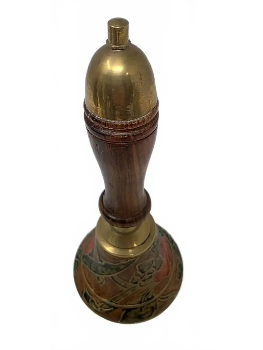 Vintage Enesco Brass Enamel Floral Hand Bell Wood Handle Made in India